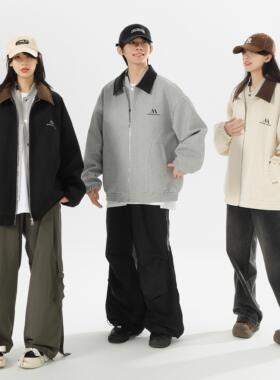 美式复古撞色翻领字母刺绣灯芯绒夹克男女潮牌宽松情侣休闲外套春