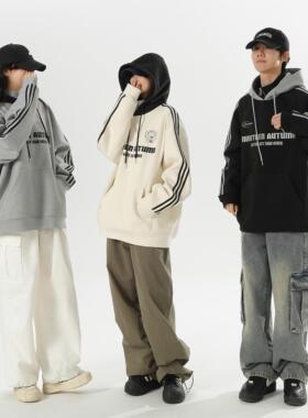 秋季美式假两件连帽套头卫衣三条杠宽松情侣毛呢上衣男女