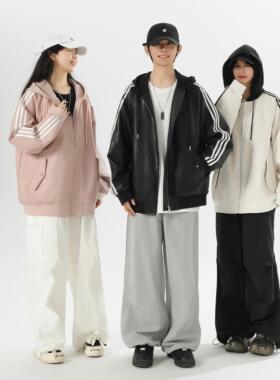 2024秋季新款PU皮衣外套假两件连帽夹克宽松潮牌男女同款