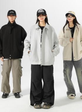 冬季新款日系翻领呢料夹克青少年休闲学生毛呢外套男生