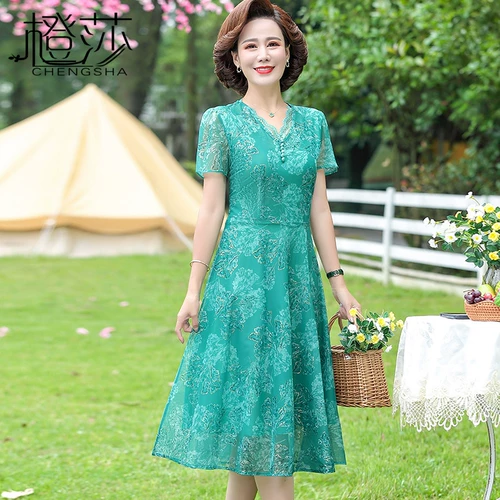 Летняя одежда для матери, платье, футболка, шифоновая юбка, в западном стиле, 40 лет, короткий рукав, для среднего возраста, коллекция 2022