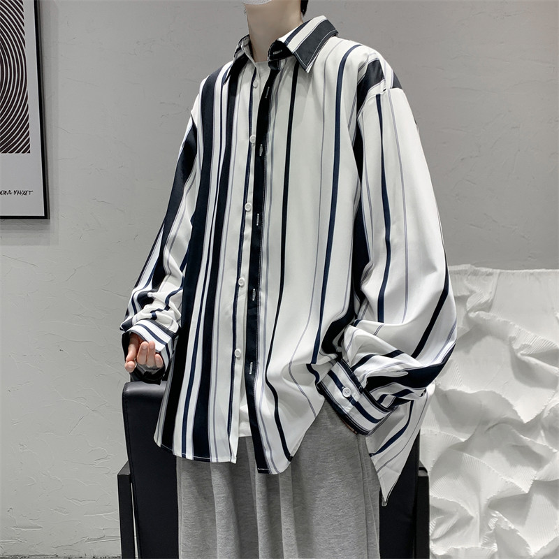港风ins复古条纹长袖衬衫男生潮牌宽松休闲痞帅青少年衬衣薄外套