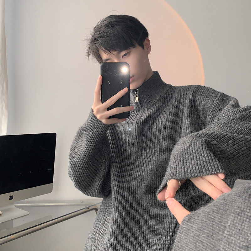 가을과 겨울 남성용 트렌디 브랜드 하프 지퍼 터틀넥 솔리드 컬러 스웨터 루즈한 일본식 커플을 위한 게으른 스타일 다용도 스웨터