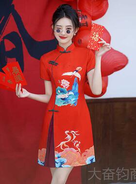 正品国潮旗袍炸街年轻红色印花中国风连衣裙会展表车展演出款宴会