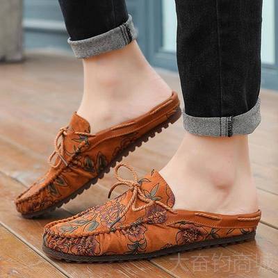 正品夏季包头半拖鞋士皮鞋版潮男流休闲懒人豆豆潮鞋韩夏天跟无凉