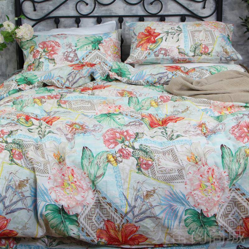 正品法纯亚麻四件品套麻雨露麻床上用套国件欧式印花布料被套抑菌