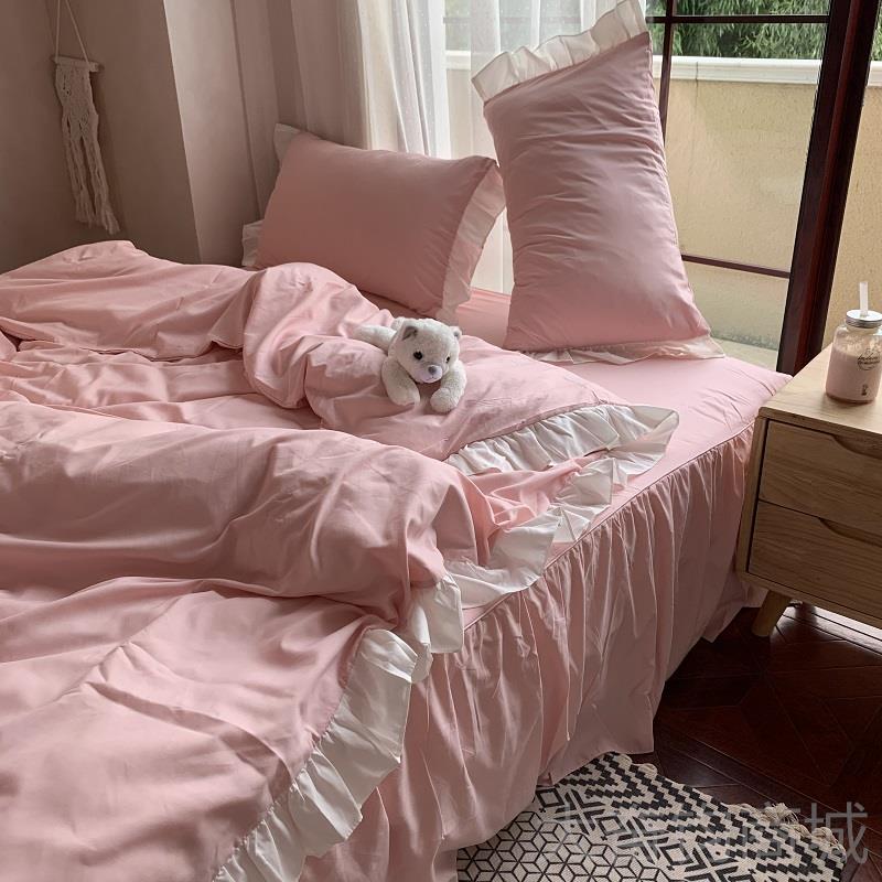 正品日式简约纯灰色1.四件花套in荷叶边被套床单s床裙学生宿舍三8