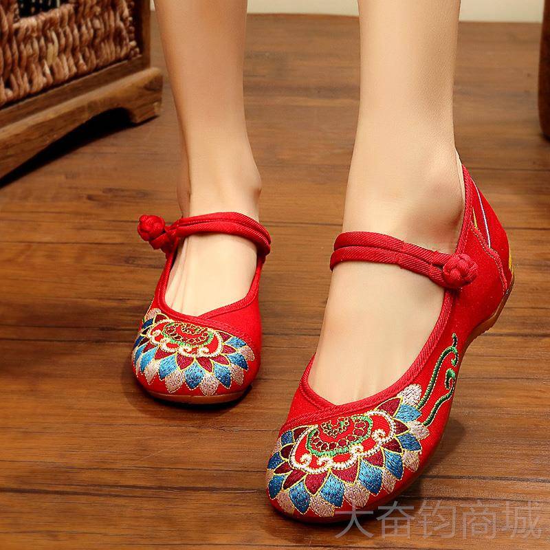 正品夏季低高帮绣花鞋女内增老北京布鞋女坡跟头筋底女牛鞋妈妈布