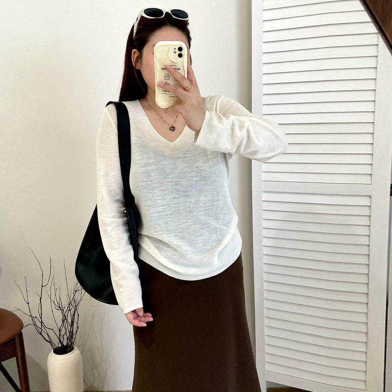 乃粒v领薄款胖mm百搭纯色针织衫2026秋大码修身显瘦上衣女打底衫