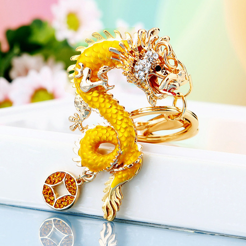 镶钻中国龙汽车钥匙扣金属生肖情侣男女包包挂件钥匙链圈喜庆礼品