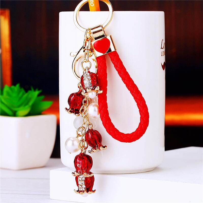 水钻珍珠花朵汽车钥匙扣女精致可爱创意包挂件钥匙链圈编织绳礼品