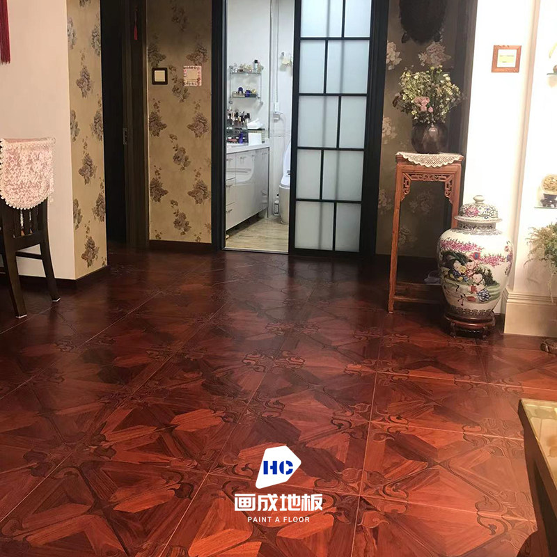 亚花梨黑胡桃新中式拼花地板 卧室背景墙地暖实木复合地板 法尼亚