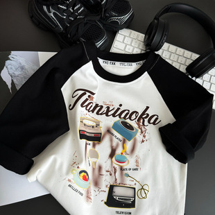 T棉质内搭上衣 2025秋季 新款 儿童插肩袖 卡通t恤男女童撞色印花长袖