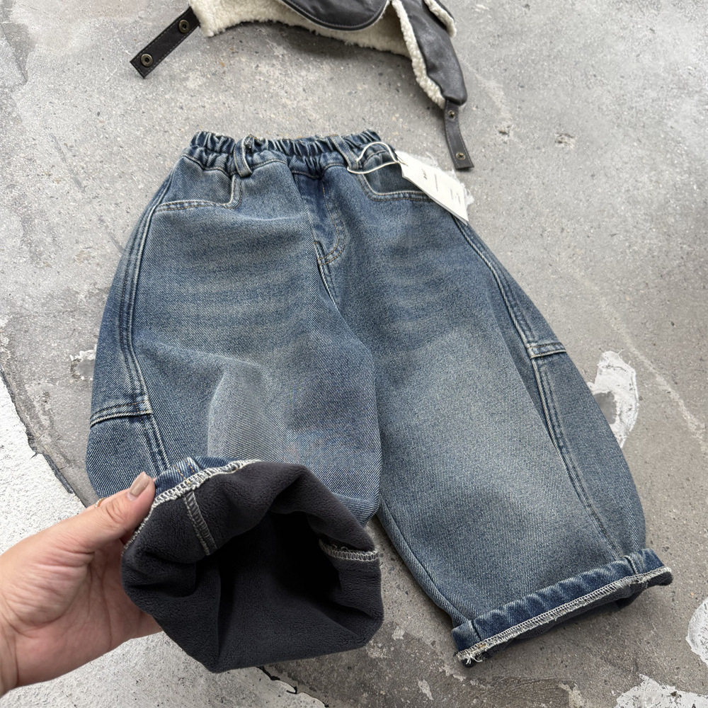 男童冬季新款复合一体绒加厚牛仔裤儿童复古蓝宽松直筒保暖长裤潮