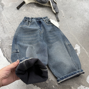 男童冬季新款复合一体绒加厚牛仔裤儿童复古蓝宽松直筒保暖长裤潮