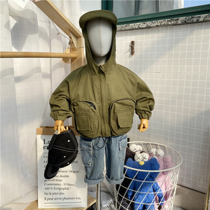 2024春秋季韩国儿童工装大口袋外套男女童军绿机车服夹克连帽外套