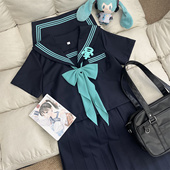 中间服 套装 猫裙裙正版 正统基础jk制服学院校供水手服青色三本短袖