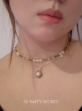 复古设计轻奢天然石珍珠水晶巴洛克琉璃毛衣链多层叠戴可拆choker