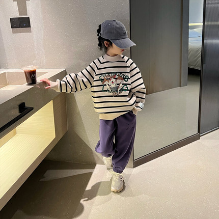 Sun 童品 | 女童加绒条纹卫衣冬装中大童宽松加厚上衣儿童套头衫