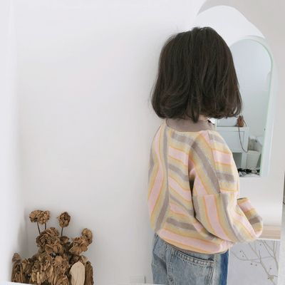 Sun 童品 女童卫衣2018秋冬新款儿童宝宝韩版宽松撞色条纹卫衣潮