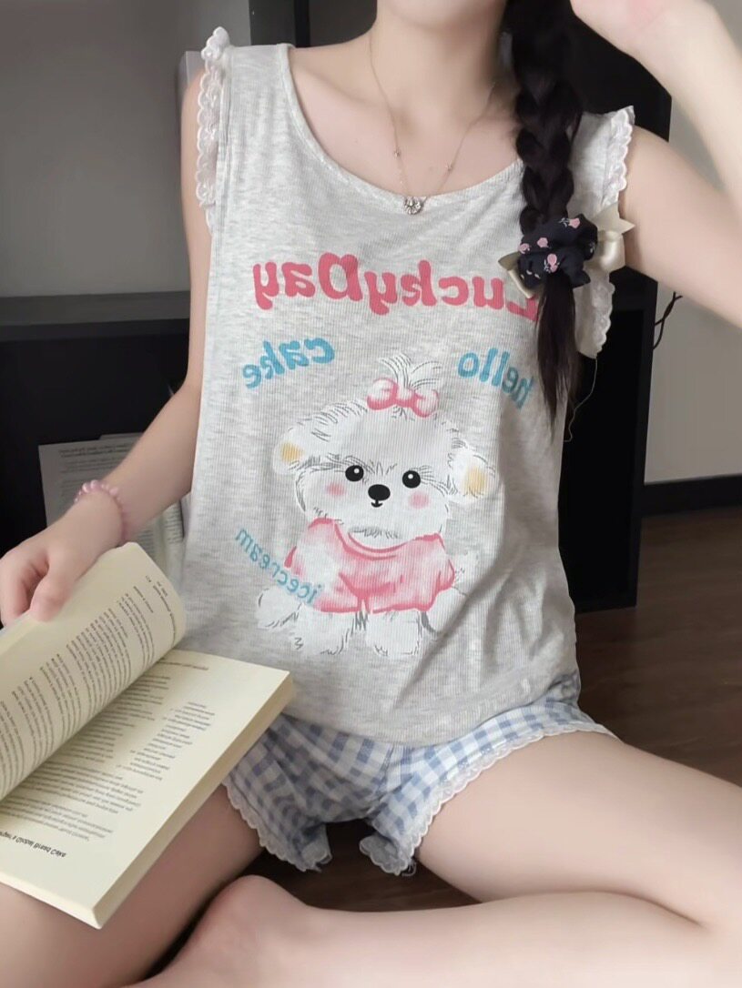 可爱狗狗!自带胸垫夏日背心带胸垫凉感2026短裤家居服套装H