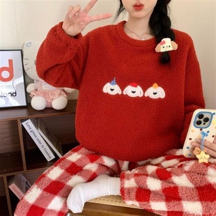 6色入！新年红洋气百搭加厚保暖Kt卡通半边绒保暖少女家居服X