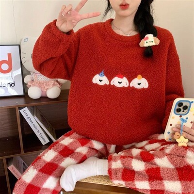 6色入！新年红洋气百搭加厚保暖Kt卡通半边绒保暖少女家居服X