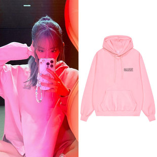 LESSERAFIM周边宮脇咲良同款衣服印花粉色卫衣套头薄款加绒连帽衫