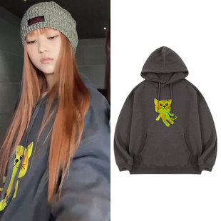 newjeans姜海粼NJZ同款卫衣服小猫狗印花宽松2023加绒薄款帽衫