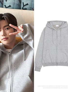 ZB1章昊穿搭衣服同款卫衣宽松纯色麻灰色薄款加绒拉链帽开衫外套