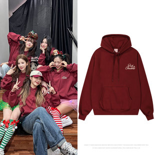 Apink2025PINK CHRISTMAS演唱会周边同款卫衣服酒红色印花连帽衫