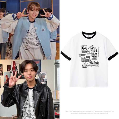 TWS韩志薰朴志训穿搭衣服同款短袖T恤撞边拼色宽松纯棉衣服打底衫