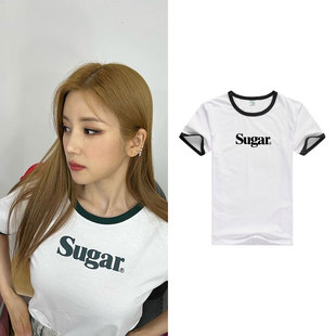 Apink朴初珑同款短袖T恤撞边字母印花圆领男女夏季打歌上衣服