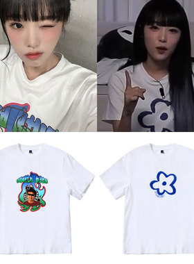 崔叡娜YENA同款短袖T恤宽松落肩中袖ins风圆领纯棉印花上衣服男女