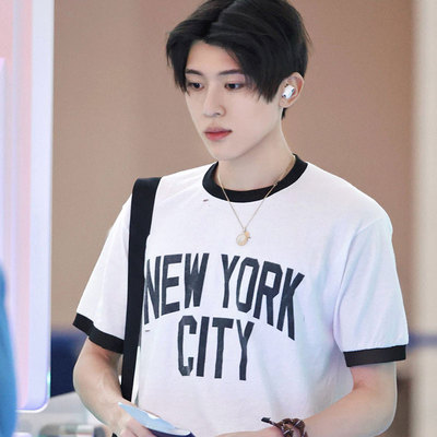 NCTWISH吴是温街拍穿搭周边同款短袖T恤撞边宽松拼色纯棉上衣服夏