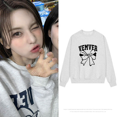 NMIXX裴真率同款卫衣服宽松花灰色印花圆领加绒厚薄款上衣服男女