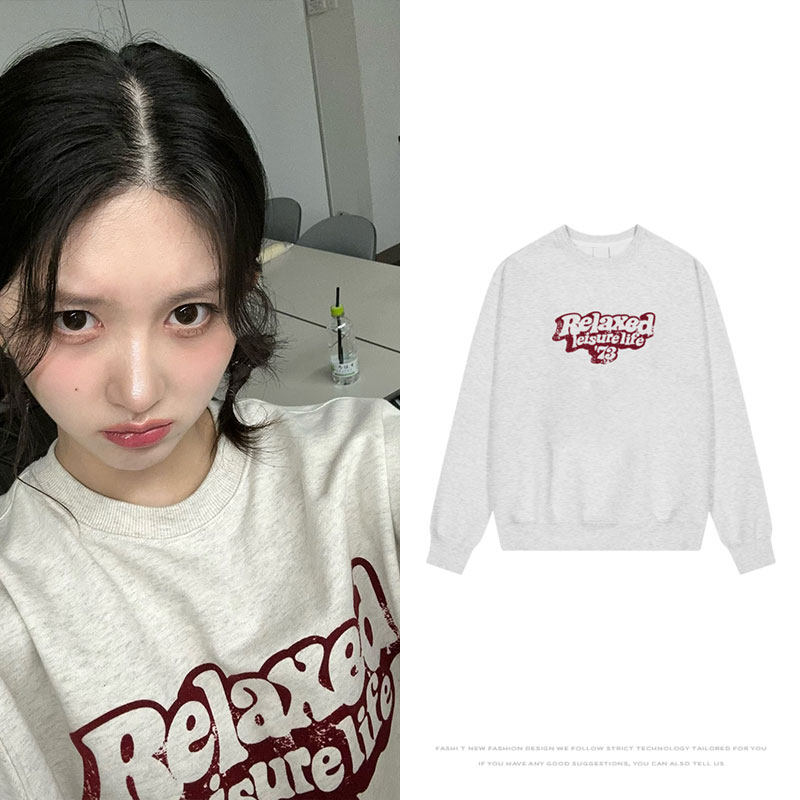 IVE金秋天同款卫衣街拍字母印花薄款慵懒加绒圆领上衣服秋冬男女图片