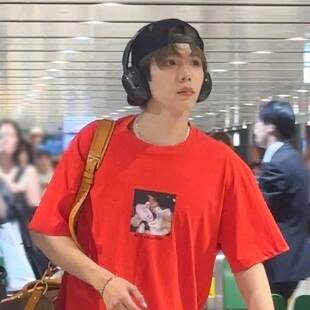 RIIZE大崎将太郎同款衣服宽松红色纯棉印花落肩袖夏季圆领短袖T恤