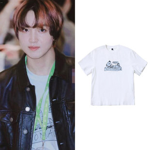 NCT127李东赫楷灿同款衣服宽松落肩短袖印花T恤夏季女休闲