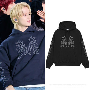 NCT127李马克同款卫衣服ins风宽松印花薄款加绒套头连帽开衫男女