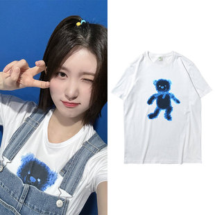 IVE金秋天同款衣服直筒正肩纯棉印花短袖T体恤夏季休闲百搭打底衫