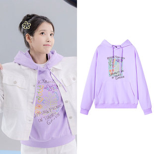 IU李知恩周边同款衣服宽松印花香芋紫套头连帽衫卫衣薄款加绒秋冬