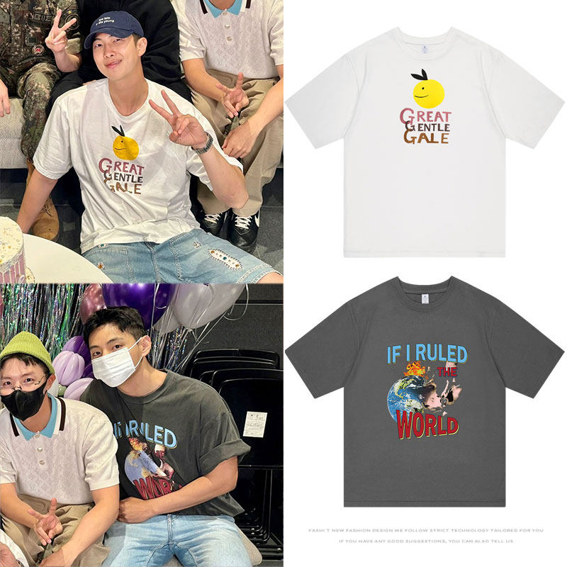 防弹少年团金南俊金泰亨同款衣服印花短袖T恤宽松落肩纯棉打底衫