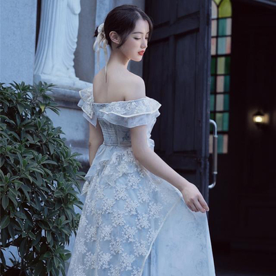 #NOHASHTAG宫廷风蕾丝刺绣蓝色连衣裙夏季在逃公主生日小礼服