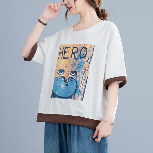 RY1520#宽松文艺短袖显瘦上衣夏装新款印花图案百搭休闲 t恤