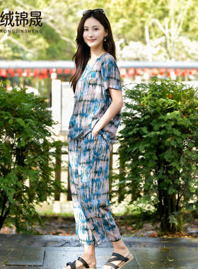 棉绸套装女时尚外穿家居两件套