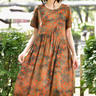 时尚 2025夏季 宽松大码 棉绸连衣裙女中长款 外穿人造棉绵绸裙子 新款