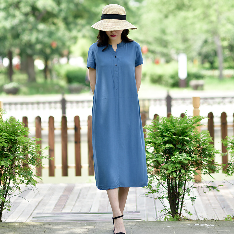 棉绸连衣裙女夏2025新款纯色短袖长款宽松显瘦a字裙人造棉长裙