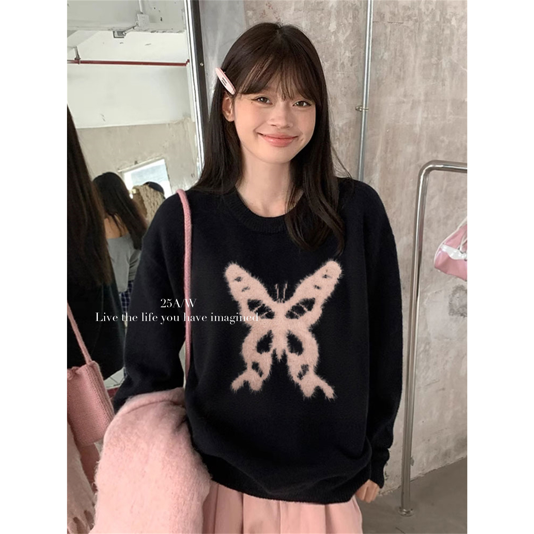 大客订单大爆款时尚韩代少女慵懒风毛衣大蝴蝶撞色冬季暖圆领长袖