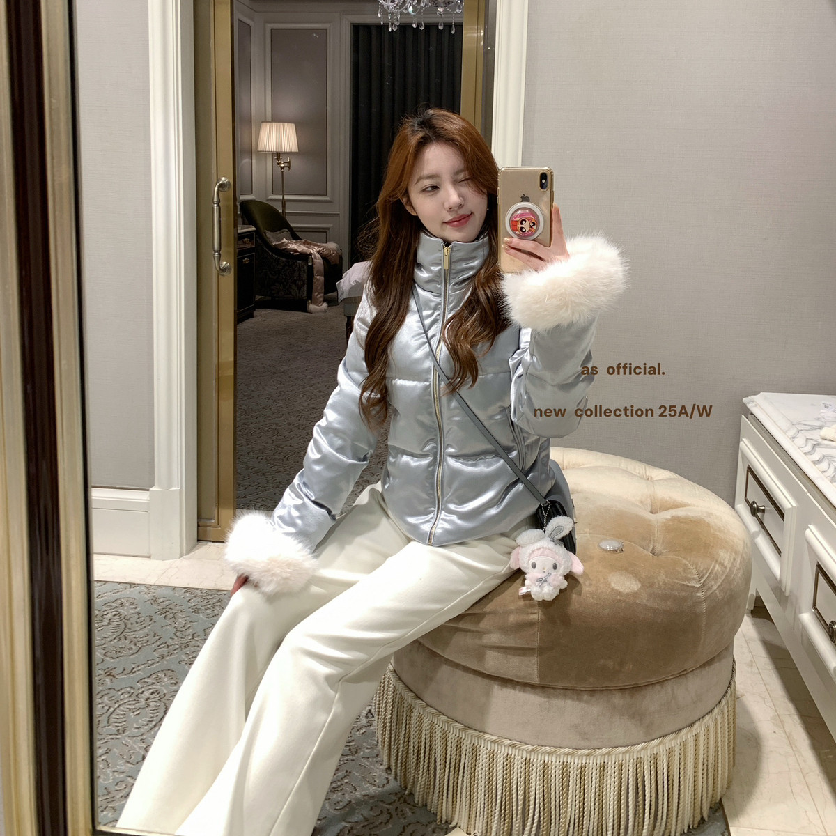 冬日甜心韩女入冬穿搭；高颜品奢暖系绸缎珠光感毛毛袖保暖羽绒服